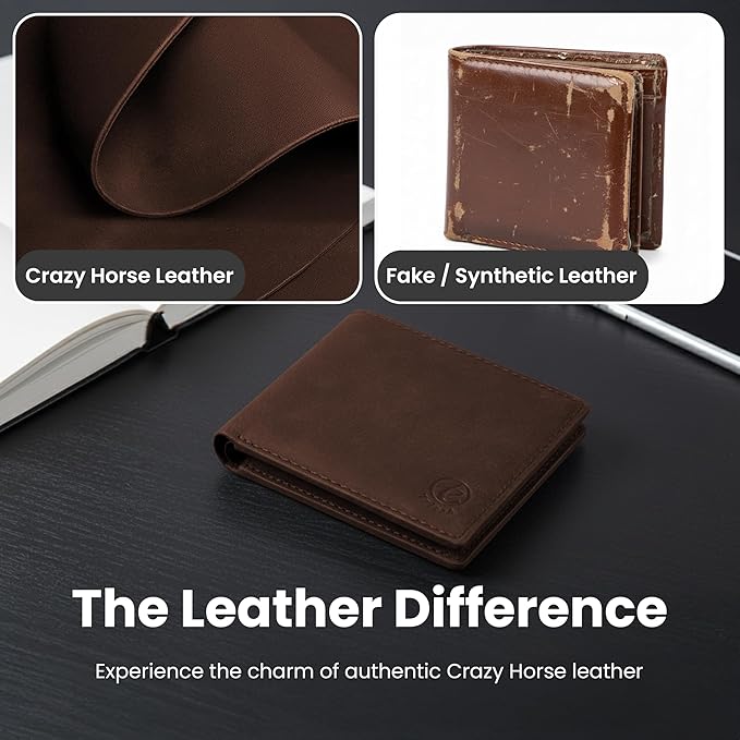 Trizek Leather Wallet for Men, Genuine Leather RFID Blocking Bifold Wallet, Minimalist Slim Design, Stylish and Secure Credit Card Holder (Brown)