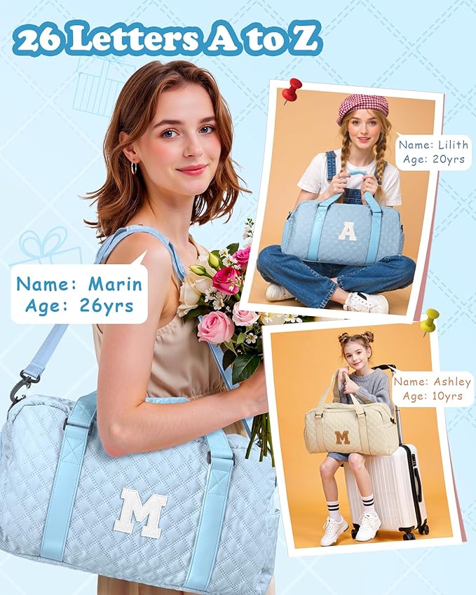 Elilier Initial Travel Duffle Bag Women Girls Gift: Personalized Weekender bags, Dance Cheer bag Sports for Girl, Kid Gymnastics Bags, Birthday Gifts for Women Girls Kids Teens Mom Teacher