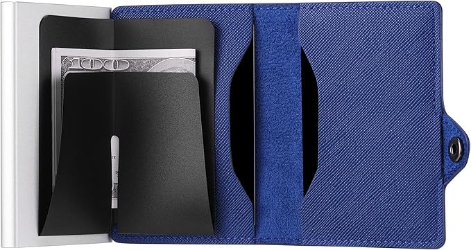 Womens Slim Wallet for Small Purses, Pop Up Wallet with Anti Theft RFID Blocking Credit Card Holder for Women in Navy Blue PU Saffiano