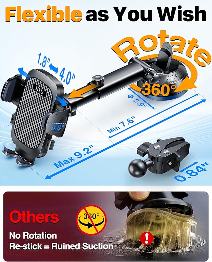 2026 Ultimate Best【True Military-Grade & Safety Cert】Car Phone Holder HTU【Upgraded 5-in-1 & 100+LBS Strongest Suction】360 Rotation Truck Windshield Dashboard Vent Mount Stand for iPhone Android, Black
