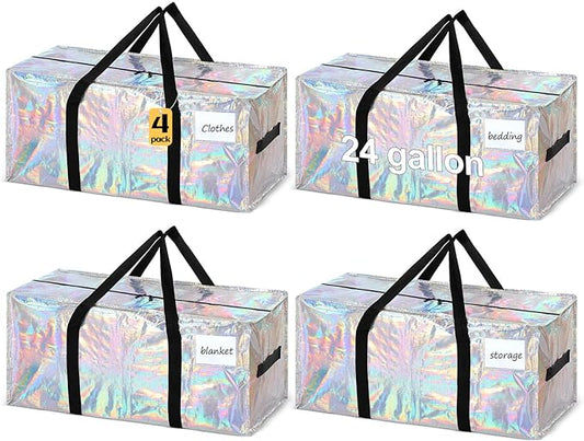 4 Pcs 24 Gallon Large Moving Bags with Zipper and Handles Foldable Storage Duffle Bags Heavy Duty Extra Large Totes for College Dorm Travel Clothes Blankets Bedding Moving (Iridescent)