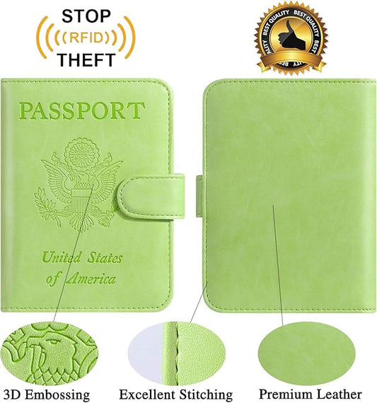 Passport Holder Cover Wallet RFID Blocking Leather Card Case Travel Accessories for Women Men (Apple green)