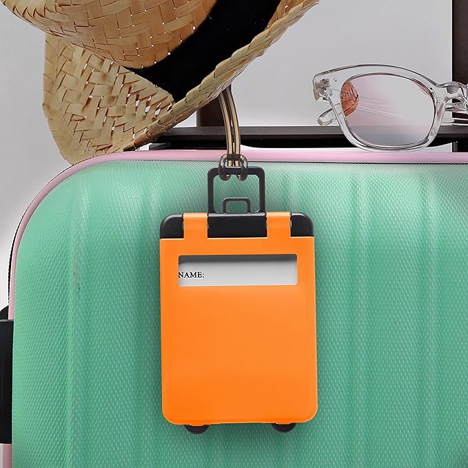10 Mini Carry-on Luggage Tags Pack - Flip Open Cover, ID Sticker - Orange