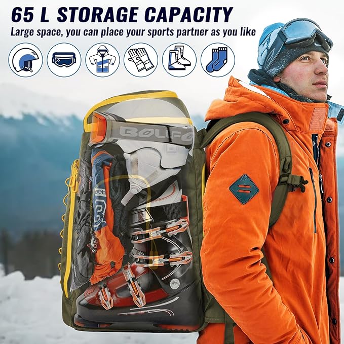 Ski Boot Bag, 65L Durable Travel Backpack, 1680D Nylon Waterproof Snowboard Boot Bag, Skiing and Snowboarding Travel Luggage for Helmet, Goggles, Gloves, Outerwear & Accessories