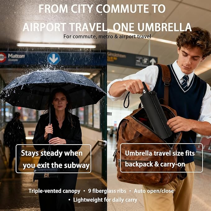 Windproof Travel Umbrella, Compact 11" Folded, Auto Open Close, Vented 42" Canopy, 9 Fiberglass Ribs, 0.98 lb Lightweight Folding Umbrella for Rain, Commuters, Travel, Gift for Men & Women