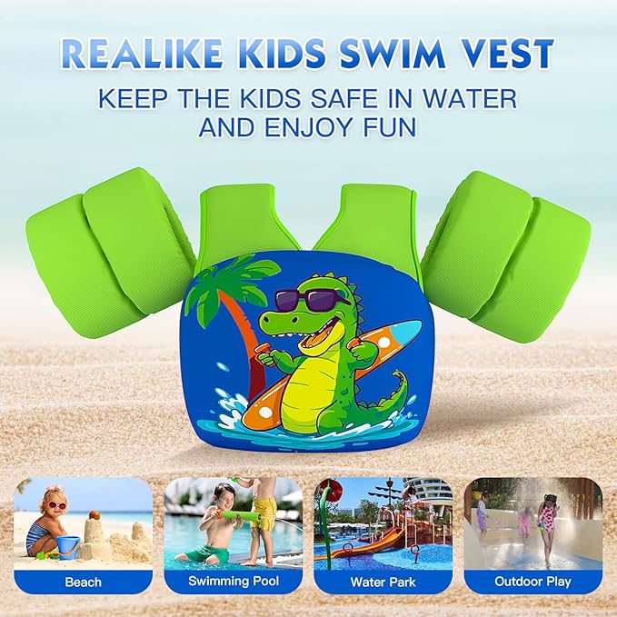 REALIKE Kids Swim Vest for Toddler Floaties Swimming Aids with Shoulder Harness Arm Wings for Children/Infant/Baby,Sea Beach/Pool/Lake, Suitable for 28-70lbs Boys/Girls