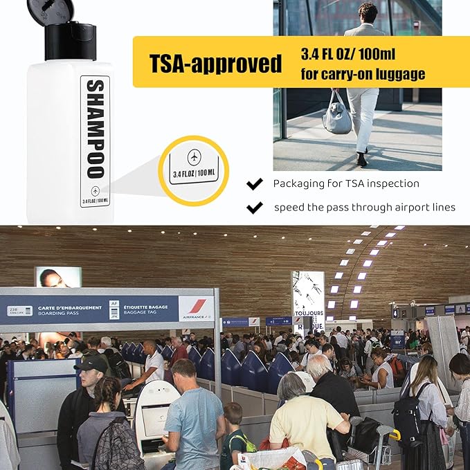 Leakproof Travel Shampoo Bottles for Toiletries TSA Approved Travel Size Toiletries Bottles, 3.4oz Refillable Squeeze Containers Set with Spray Bottle -5 Pack