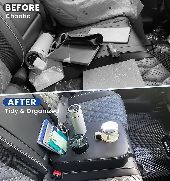 Upgraded Car Cup Holder with Dual Secure Straps, Back Seat Cup Holder for Car, PU Leather Truck Cup Holder, Boat Tray Organizer for Trucks, Minivans, SUVs, RVs, Holds Coffee, Snacks, Cell Phone