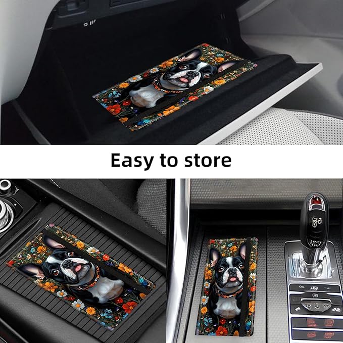 Car Registration and Insurance Holder PU Leather Vehicle Insurance and Registration Holders Wallet Case with Elastic Band Closure for ID Card, Driving Licence, French Bulldog Flower Field