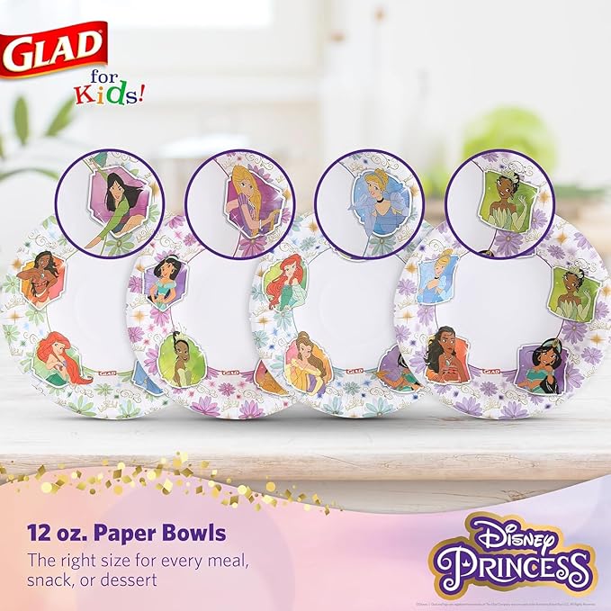 Glad for Kids Disney Princess Disposable Paper Bowls, Floral Frames - Heavy Duty, Soak Proof, Microwavable, Kid-Friendly Snack Bowls for Everyday Use, 12 Ounce, 40 Count - 8 Pack