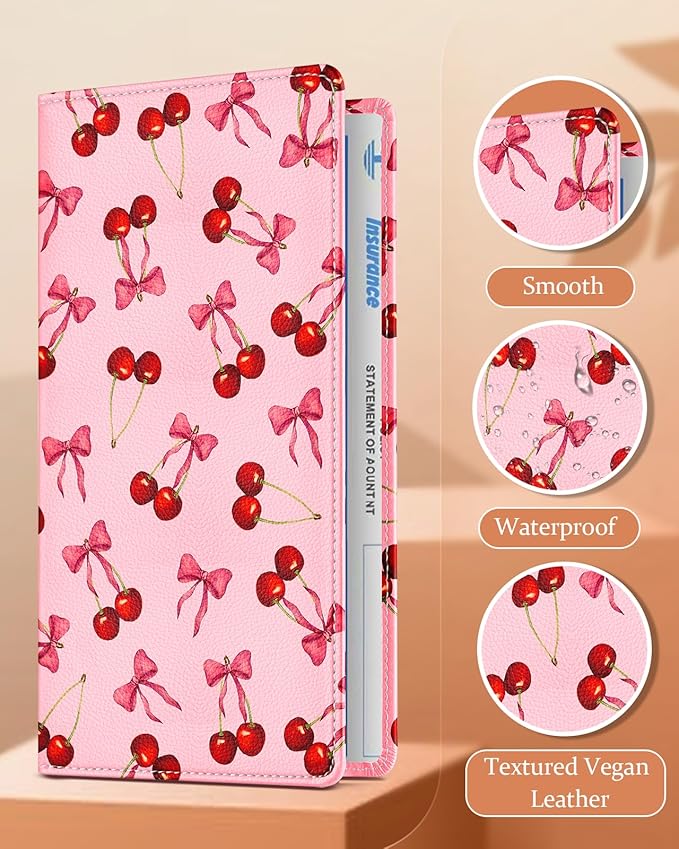 Slohif Car Registration and Insurance Holder - Cherry Vehicle Glove Box Organizer Women with Magnetic Shut Leather Automobile License Holders Coasters Auto Accessories Case for Document