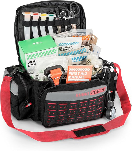 RHINO RESCUE First Responder First Aid Kit Fully-Stocked EMT Bag, Professional EMT/EMS Trauma Medical Kit, Molle System & Reflective Stripe, 300+ First Aid Supplies, Suits for Business, Home (Black)