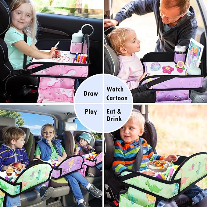 WENRENER 3PCS Kids Travel Tray for Airplane - Toddler Car Seat Table Tray, Road Trip Essentials for Boys & Girls, Carseat Lap Desk for Kids Road Trip Activities (Pink/Green-/Purple)
