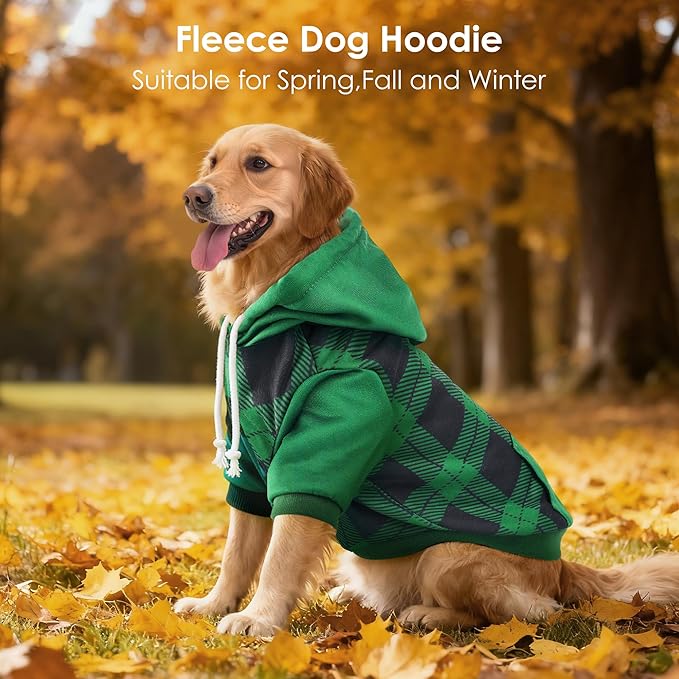 BAOBICUTE Dog Basic Hoodie Soft Dog Clothes Cold Weather Sweaters for Medium Large Dogs Cozy Fabric Warm Sweatshirt with Leash Hole (Green Plaid, L (Back: 20.47",Chest: 28.35", Neck: 21.26"))