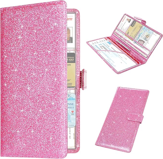 RSAquar Car Registration & Insurance Holder - Leather Glove Box Organizer, Cool Accessories for ID, Driver's License Cards & Docs, Men & Women, Pink Glitter