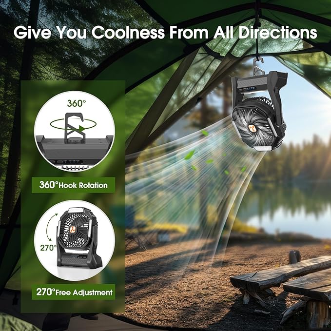 Portable Rechargeable Fan, 20000mAh Cordless Battery Powered Camping Tent Fans with SOS & LED Lantern, Small USB C Operated Outdoor Ventilador for Travel Camp Fishing Bedroom Power Outage Emergency