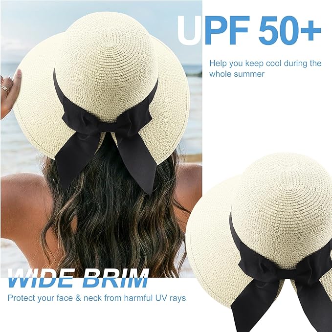 DRESHOW Sun Hats for Women Travel Fedora Foldable Beach Sun Hat Summer Wide Brim Straw Bucket Hat with Bowknot UPF 50+