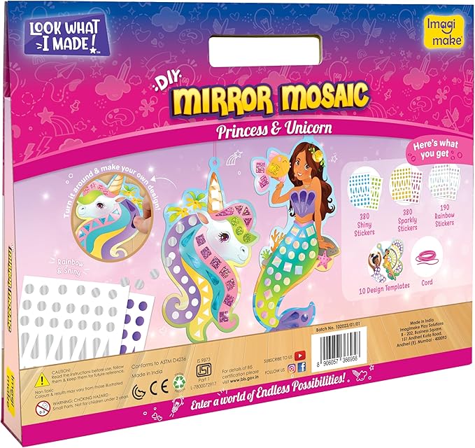 Imagimake Mirror Mosaic Princess & Unicorn Kids Art Set | DIY Craft Kit | Foil Stickers for Kids | Travel Toys | Christmas Activities for Girls 3-5-8 | Christmas Gift Ideas for Girls Ages 3,4,5,6,7,8