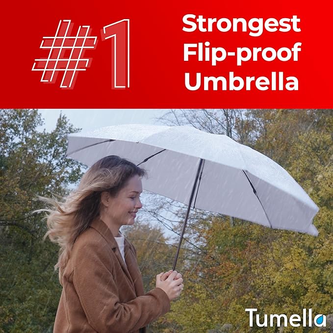 TUMELLA Flip-proof Inverted Travel Umbrella, Small Strong but Light Portable and Automatic Reverse Folding Rain Umbrella, Durable Premium Grip, Fits Car & Backpack