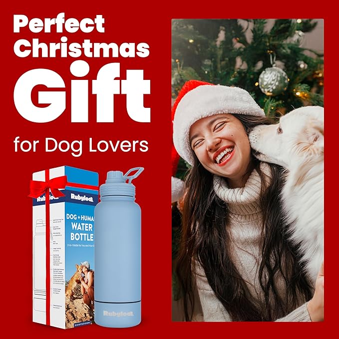 Dog Water Bottle for Dog Lovers - 32 oz Stainless Steel Double Wall Insulated Water Bottle with 8 oz Detachable Bowl on Bottom for Doggy Lovers for Christmas - Dusty Blue