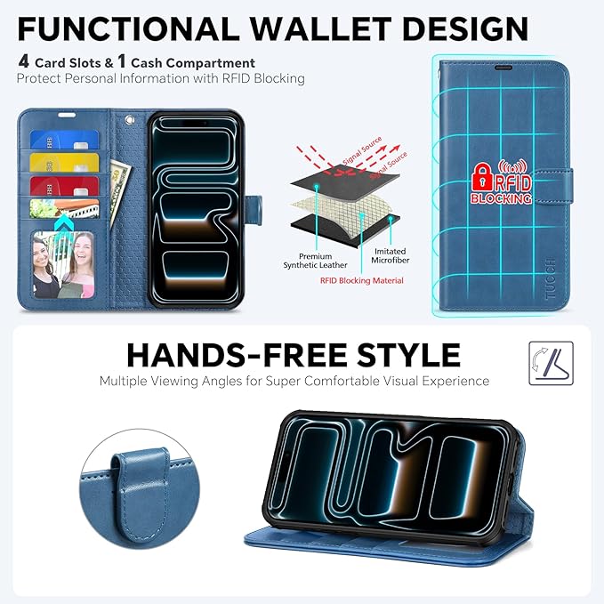 TUCCH Detachable Case Wallet for iPhone 17 Pro Max 6.9" 2025, Wrist Strap | 4 Card Slots RFID Blocking | Wireless Charging | Stand | 2-in-1 Magnetic | PU Leather | Shockproof Folio Cover | Light Blue