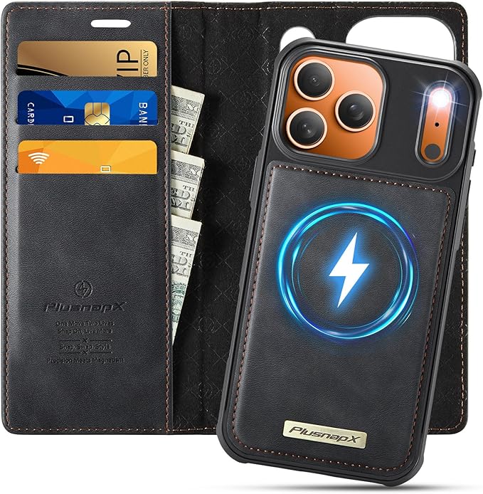 PlusnapX Wallet Case for iPhone 17 Pro Compatible with Magsafe, 2-in-1 PU Leather Flip RFID Blocking Card Holder Stand Shockproof Magnetic Detachable Cover for iPhone 17 Pro Case 6.3", Black