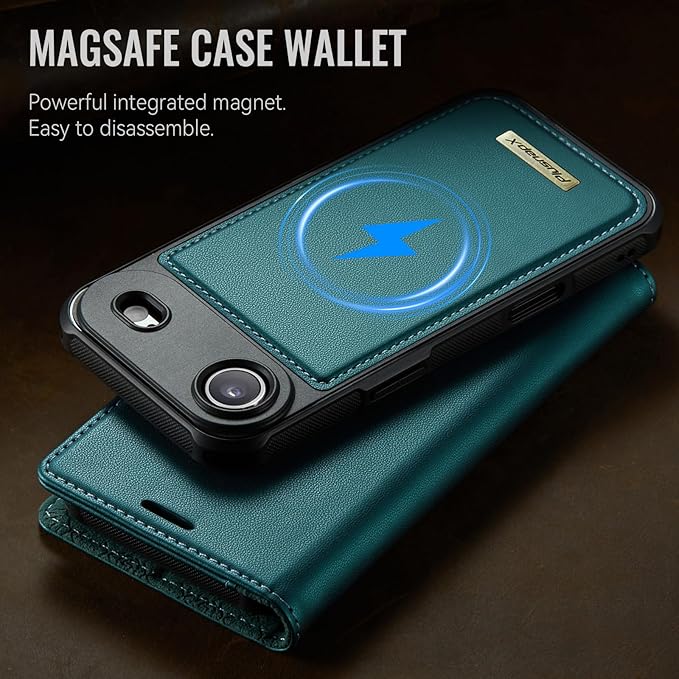 PlusnapX Wallet Case for iPhone Air Compatible with Magsafe, 2-in-1 PU Leather Flip RFID Blocking Card Holder Stand ShockAirof Magnetic Detachable Cover for iPhone 17 Air Case 6.5", Bluegreen