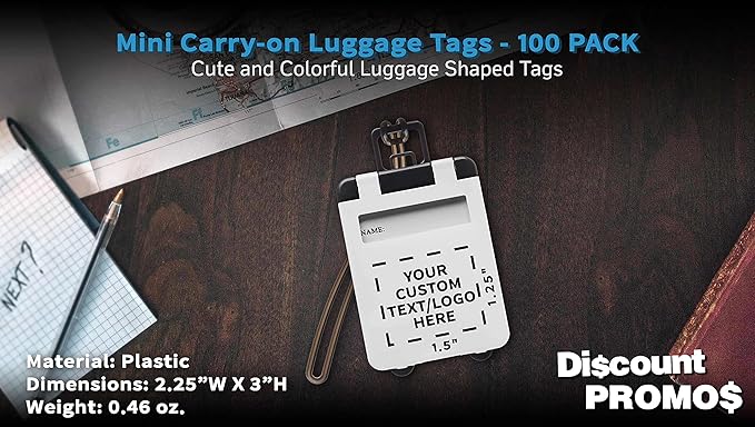 100 Mini Carry-on Luggage Tags Pack - Customizable Text, Logo - Flip Open Cover, ID Sticker - White