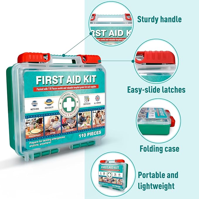 General Medi 110 Pieces Small First Aid Kit - HardCase First Aid Box - Contains Premium Medical Supplies for Travel, Home, Office, Vehicle, Camping, Workplace & Outdoor
