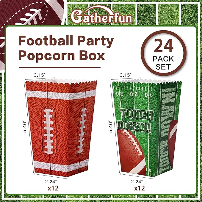 Gatherfun Football Party Supplies Kit for 24 - Popcorn Boxes，Popcorn Buckets for Birthday, Tailgate Celebrations | Football Party Favors & Decorations Set