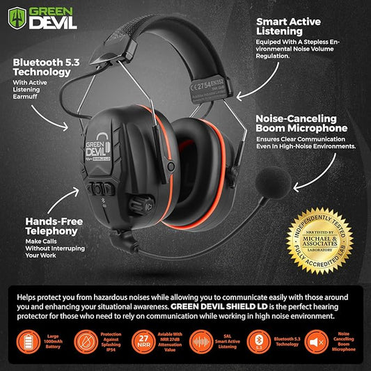 GREEN DEVIL Electronic Bluetooth Hearing Ear Protection Headphones With Boom Microphones 27dB Noise Cancelling Earmuffs