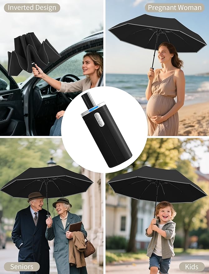 Seniny Electric Travel Umbrella with Intelligent Open Close, Rechargeable Umbrellas for Rain Windproof, Automatic Portable & Compact Umbrella with Reflective Stripe