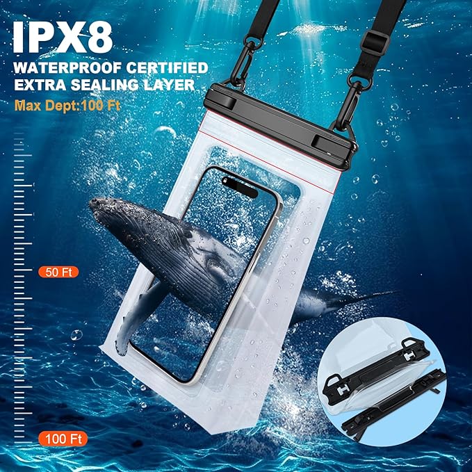 2 Pack Large Waterproof Phone Pouch, Waterproof Phone Case for iPhone 16 15 14 13 Pro Max Galaxy S25 S24 All Devices, IPX8 Double Sealing, Floating Water Proof Bag for Beach Swimming Pool