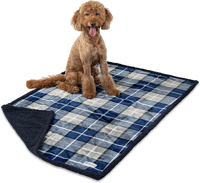 PetAmi Waterproof Dog Blanket for Medium Large Dog Puppy Cat Throw for Couch Cover Leakproof Protection, Sherpa Fleece, Reversible Soft Washable 60x40 Plaid Navy Blue
