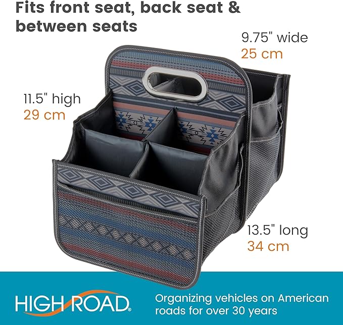 High Road Car Organizer with Cup Holder Dividers - Front Seat Organizer for Drivers or Middle Seat Car Organizer for Kids - Portable Car Caddy with Easy Carry Handle