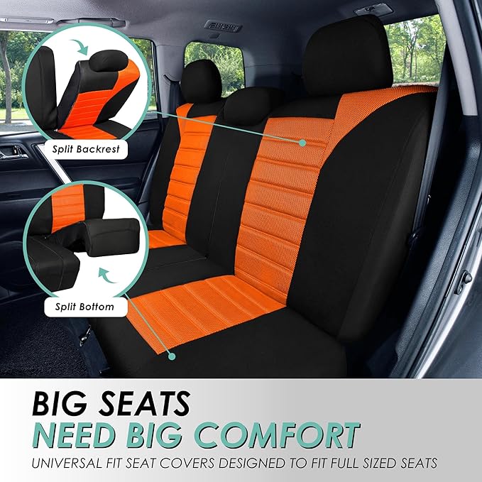 FH Group Automotive Car Seat Covers Rear Set Premium 3D Air Mesh Seat Covers, Airbag Compatible and Split Bench Cover Universal Fit Interior Accessories for Cars Trucks and SUVs - Orange