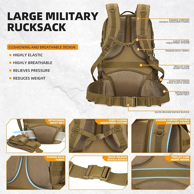 HongXingHai 50L Military Tactical Backpack 3 Day Assault Pack Molle Daypack Hiking Backpack for Men and Women (Khaki)