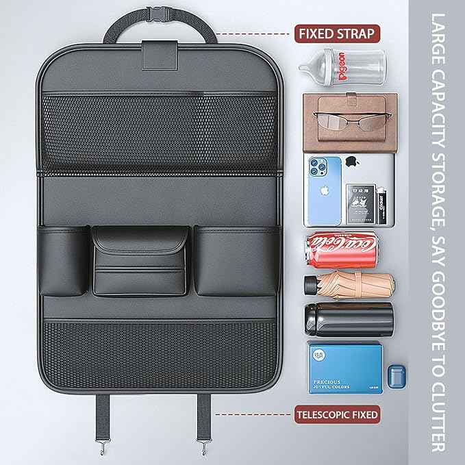 Car Backseat Organizers and Storage, PU Leather Car Seat Back Protector with Foldable Table Tray and Touch Screen Phone Holder, Suitable for Most Vehicles (Black)