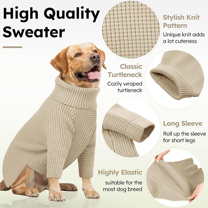 Queenmore Soft Warm Large Dog Sweater, Large Dog Sweaters for Male Dogs, Pet Christmas Sweaters, Extra Large Breeds Kintwear, Turtleneck Pullover Pet Clothes, Apricot 3XL