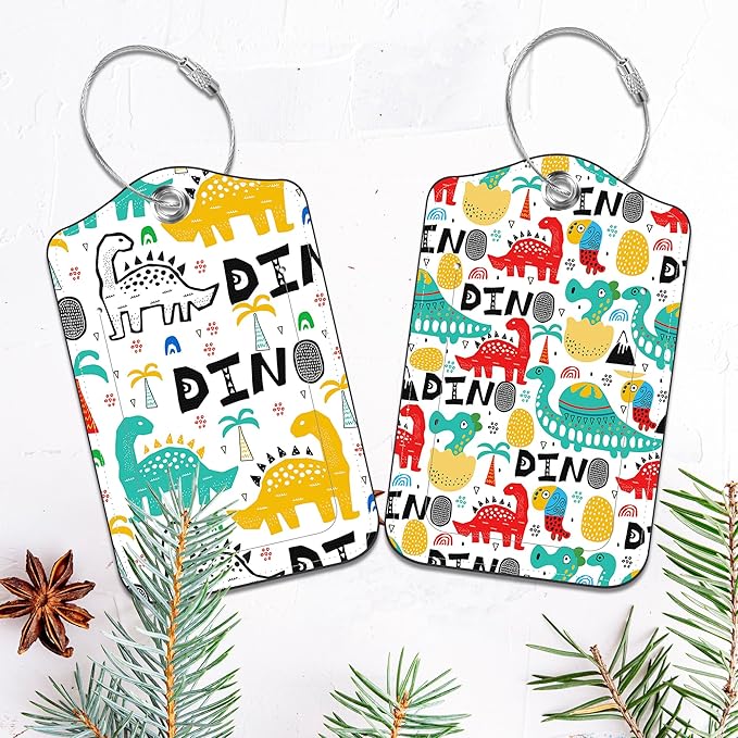 2 Pack Luggage Tags for Suitcase,PU Leather Travel Cruise Luggage Tag with Privacy Cover,Name ID Label and Steel Ring,Travel Essentials for Women Men (Dinosaur with Palms)