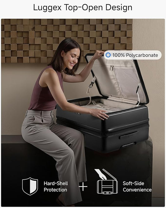 LUGGEX Checked Suitcase with Spinner Wheels, FLO5 Expandable Polycarbonate Hard Shell Suitcase with TSA Approved Lock (FX-Core, Black, 28 Inch)