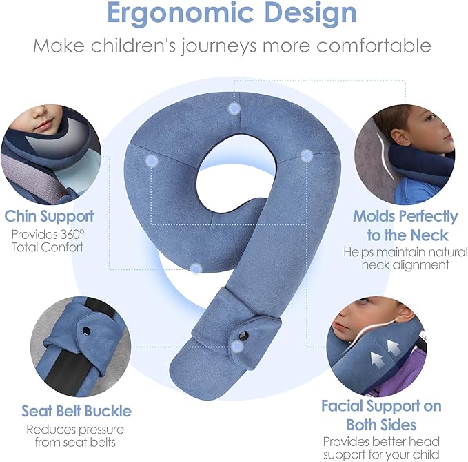 Kids Travel Neck Pillow, Comfortable Head & Chin Support for Car seat & Airplane, Toddler Pillow for Sleeping on Road Trip, Gifts for Child (Light Blue & Dark Blue)