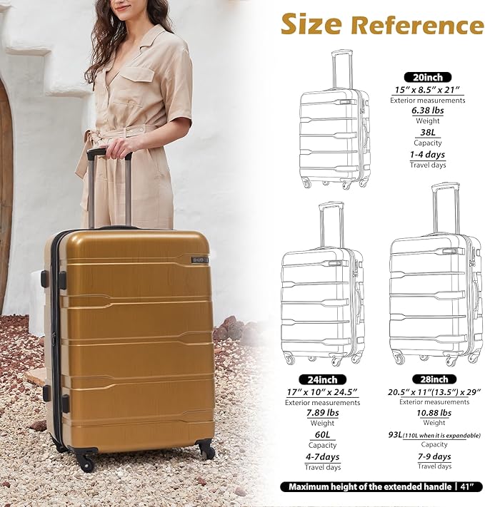 Coolife Luggage Expandable(only 28") Suitcase PC+ABS Spinner Built-In TSA lock 20in 24in 28in Carry on (Black brown, M(24in).)