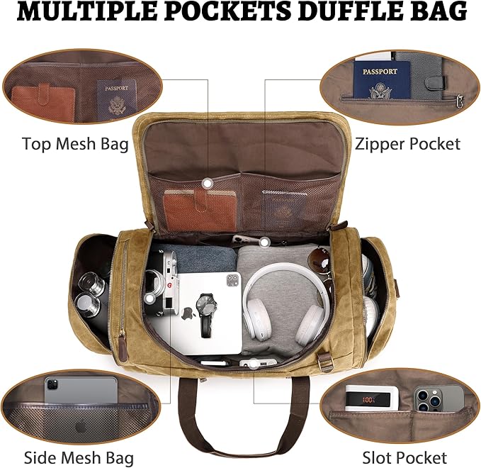 50L Duffle Bag for Men, Nomad Waxed Canvas Travel Duffel Bag Vintage Genuine Leather Travel Handbag Upgraded Weekender Overnight Backpack with Shoes Compartment (Vintage Brown)