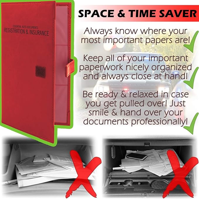 Auto Insurance and Registration Card Holder - Vehicle Glove Box Document Organizer - Car Essential Paperwork Holder for DMV, AAA, Contact Information Cards - Premium PU Leather Wallet Case - Red