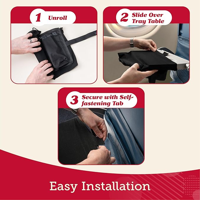 Lusso Gear Premium Black Airplane Tray Table Cover with 5 Compartments - Sanitary, Machine-Washable, Foldable - Black