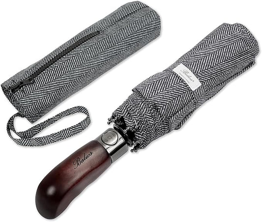 Balios Travel Folding Umbrella with Real Wood Handle Auto Open Close Vented Windproof Canopy - Designed in UK