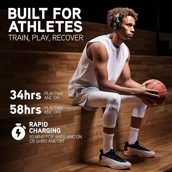 BlueAnt Pump X Wireless Over-Ear Headphones, Bluetooth, Powerful Bass, Active Noise Cancelling & Transparency Mode, Interchangeable Ear Cups, All-Day Comfort for Gym and Training, Black/Gold