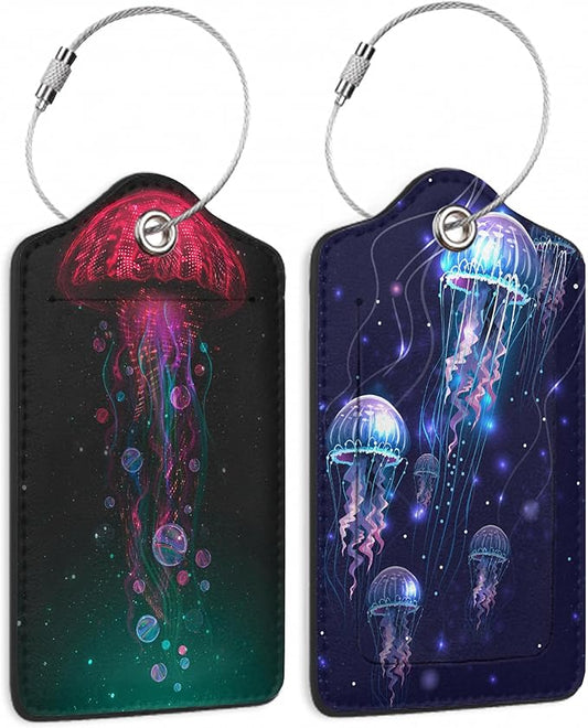 2 Pack Luggage Tag for Suitcase, Abstract Neon Jellyfish Leather Bag Tags Identifiers Privacy Cover ID Label with Durable Steel Loop for Women Men Kids Girls Travel