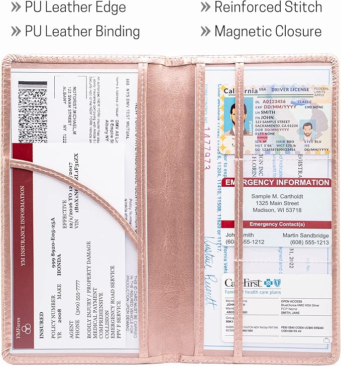CANOPUS Car Registration and Insurance Holder, PU Leather Card Holder, Vehicle Glove Box Organizer for Auto, SUV, Truck, Rose Gold